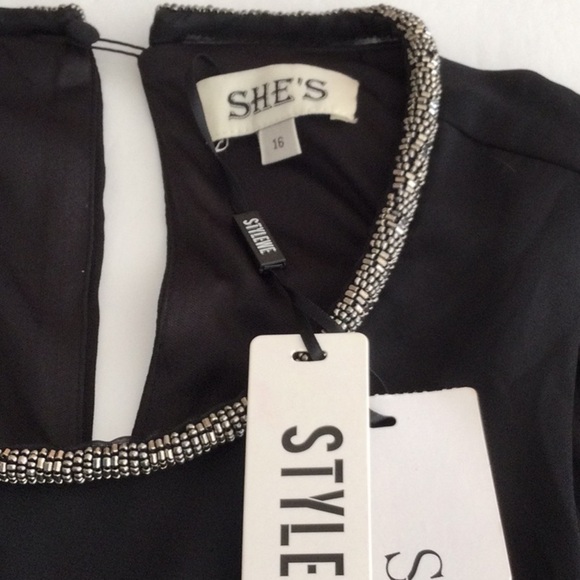 Black Dress by She’s beads around the neckline size 16 New.       #38 - Picture 6 of 11